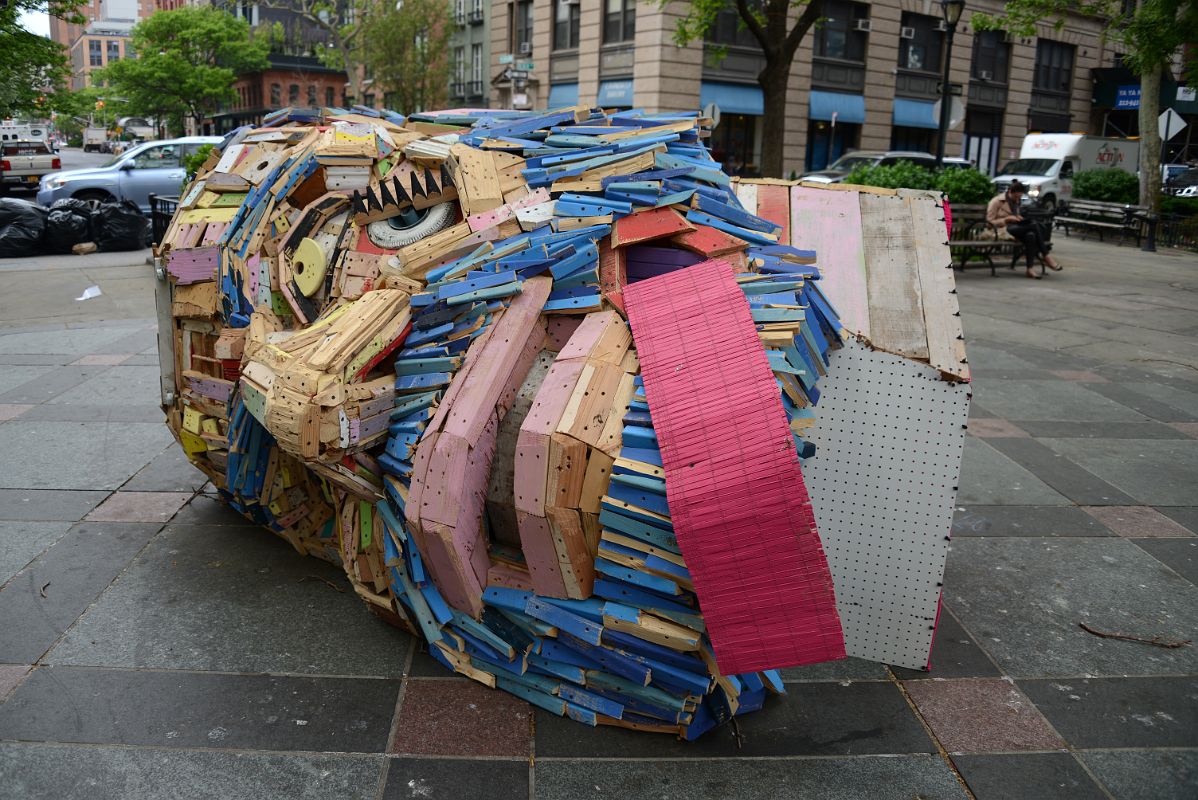 New York City Sculpture Head of Goliath By Nicolas Holibar Is Made Of Trash In Tribeca Park